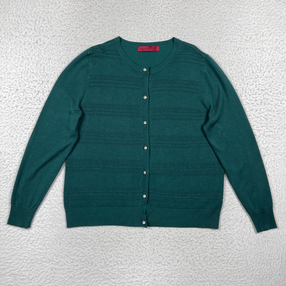 Love Scarlett Cardigan Womens XLP Green Rhinestone Button Pointelle Office Siren
